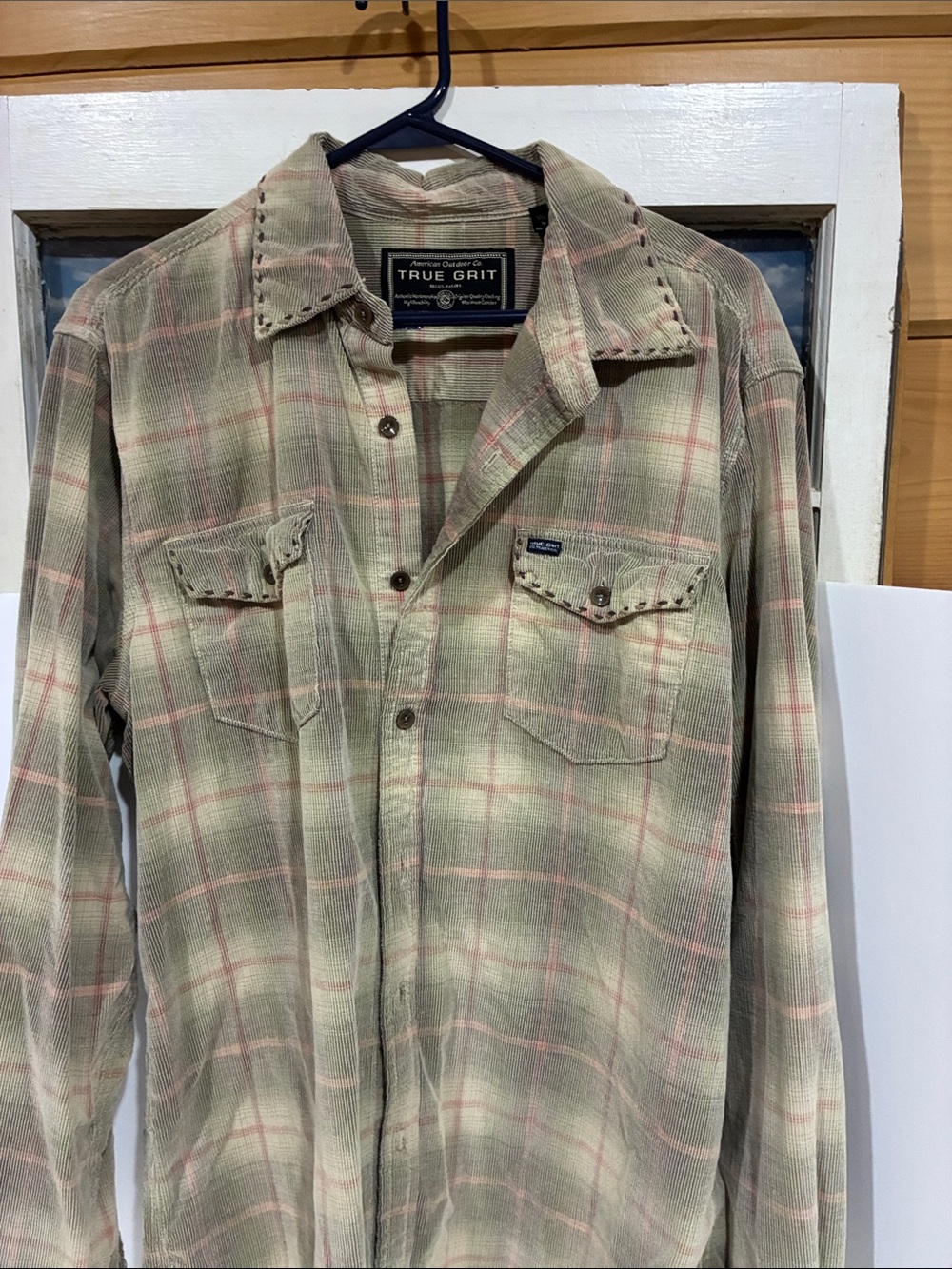 True Grit Olive and Pink Plaid Casual Button-Down Shirt